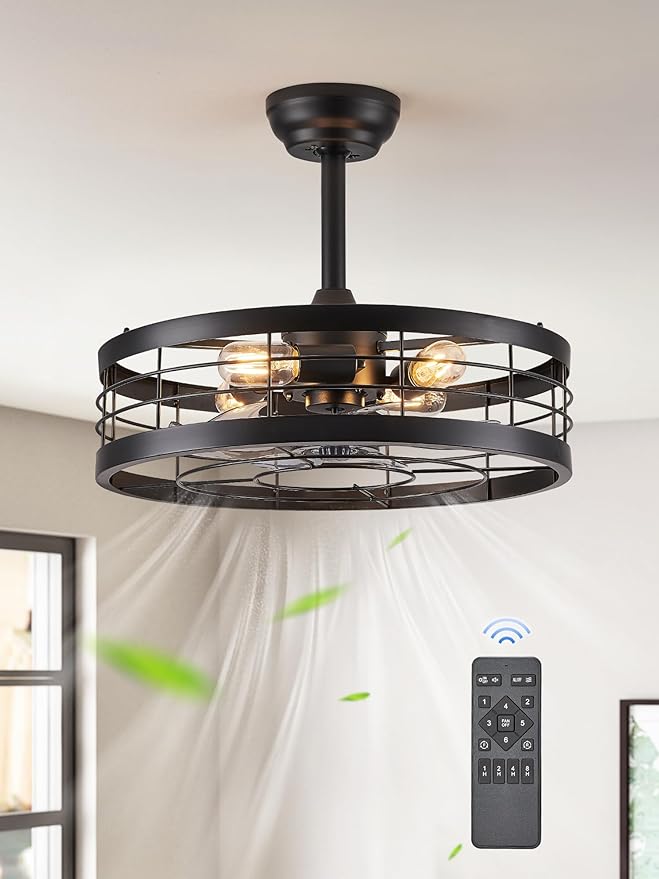LEDIARY 20 inch Fandelier Caged Ceiling Fan with Light, Bladeless Ceiling Fan with Remote, Farmhouse Fan Lights Ceiling Fixtures for Kitchen, Bedroom, Outdoor(6 Speed, Timing)-Black