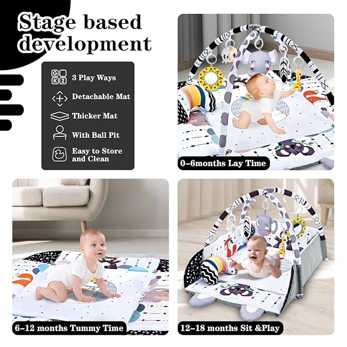 Baby Gym Play Mat, 8-in-1 Tummy Time Mat & Activity Gym, Washable Ball Pit, Infant Play Mat with Detachable Toys for Sensory Exploration and Motor Skill Development