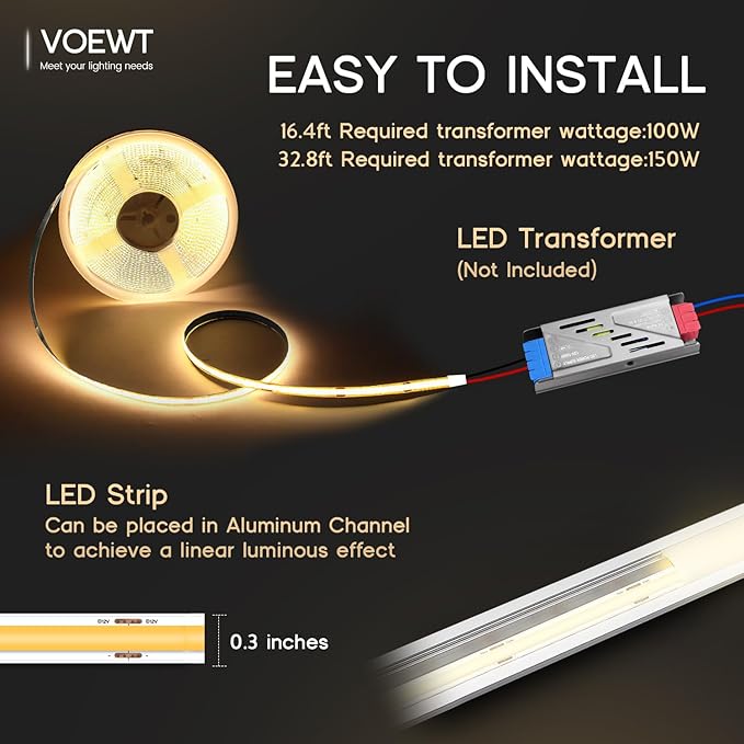 COB LED Strip Lights Daylight White 6000K,32.8ft 24V High CRI 95Ra+ Super Bright,Flexible Tape Lights for Bedroom,Mirror,Kitchen Cabinet, Living Room(Power Supply Not Included)
