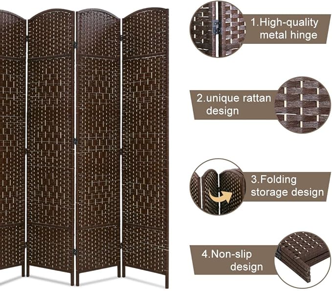 Room Divider 6 Panel Folding Privacy Divider 6 Ft Indoor Wall Divider Portable Partition Wood Screen, Brown