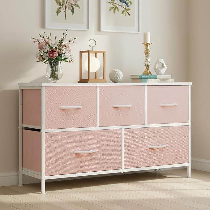 OLIXIS Dresser for Bedroom with 5 Drawers, Wide Chest of Drawers, Fabric Bedroom Dresser with Drawer Organizer, Storage Organizer Unit with Fabric Bins for Closet, Living Room, Hallway, Classic Black