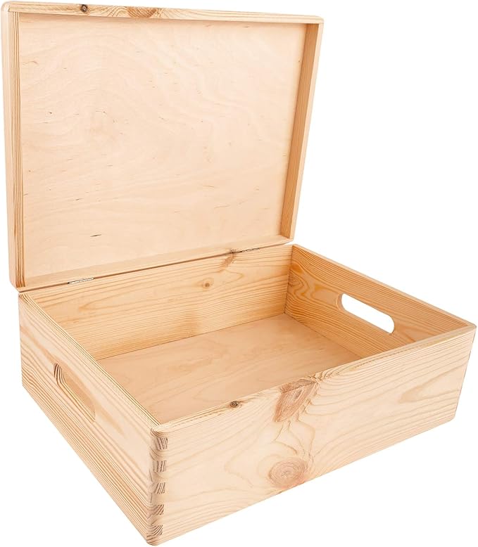 XL Wooden Storage Box with Hinged Lid | 15.8x11.8x5.5in (+-0.5) | Plain Unpainted Gift Box with Handles for Tool Toy Shoes Kitchen Clothes Jewelry | Rough & UNSANDED Wood