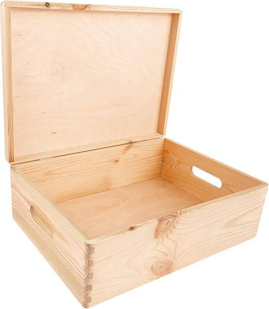 XL Wooden Storage Box with Hinged Lid | 15.8x11.8x5.5in (+-0.5) | Plain Unpainted Gift Box with Handles for Tool Toy Shoes Kitchen Clothes Jewelry | Rough & UNSANDED Wood