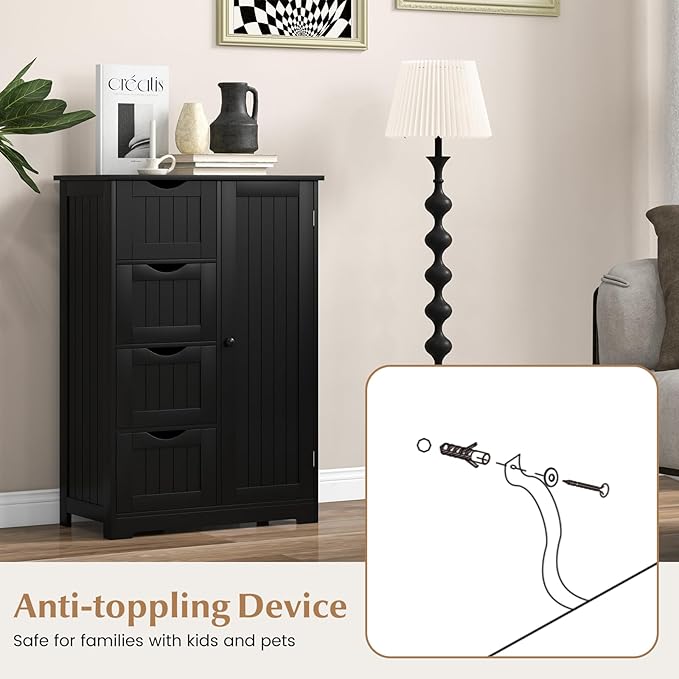 Giantex Bathroom Storage Cabinet with Drawers - 4 Drawer Storage Organizer w/Cupboard, Adjustable Shelf, Anti-Toppling Device, Entryway Storage Unit Console Table, Bathroom Floor Cabinet (Black)