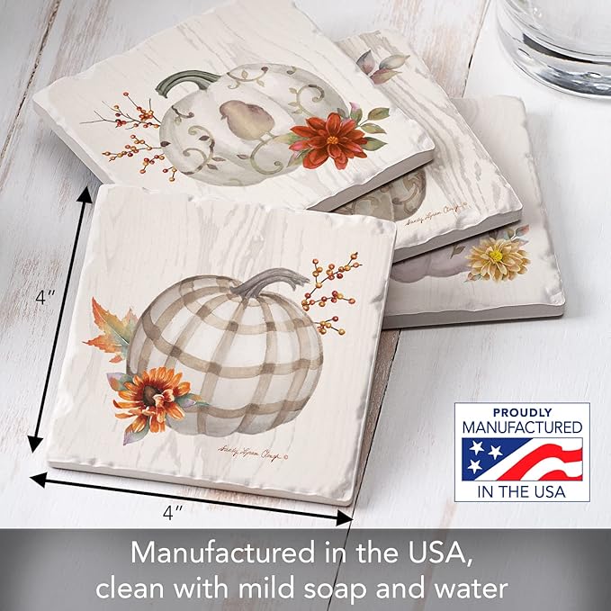Thirstystone Fall Pumpkins 4 Pack Assorted Tumbled Tile Stone Coasters with Protective Cork Backing 4" Square Manufactured in The USA