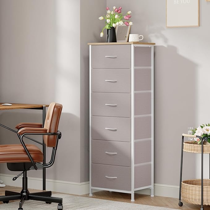 Somdot Tall Dresser for Bedroom with 6 Drawers, Storage Organizer Chest of Drawers with Removable Fabric Bins for Closet Bedside Living Room Laundry Entryway Hallway, Ash Grey