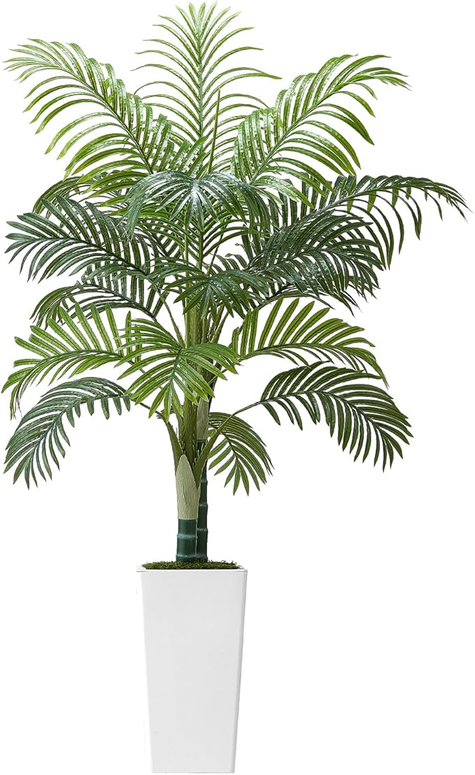 VEVOR Artificial Areca Palm Tree 5 ft, Fake Palm Tropical Plants with White Tall Planter, Faux Floor Silk Plant in Pot, Large Trees for Home Office Living Room Decor House Warming, Indoor Outdoor