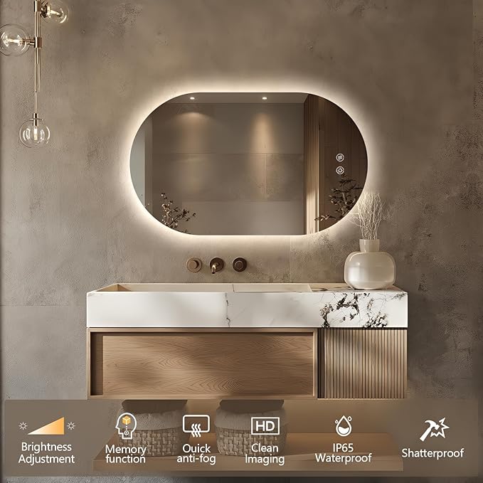 40" x 24" Oval LED Mirror for Bathroom, Backlit Vanity Mirror with Lights, Frameless Smart Wall Mirror, 3 Colors Stepless Dimmable, Anti-Fog, Shatterproof, Memory, CRI95+(Horizontal/Vertical)