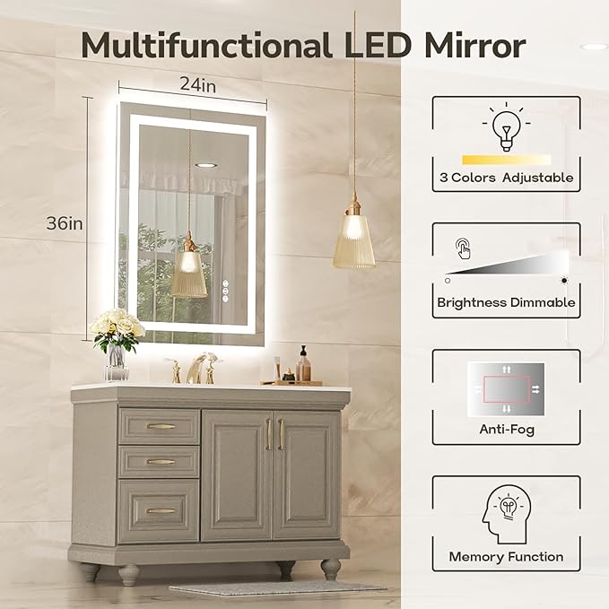 USHOWER LED Bathroom Mirror 24x36 Inch with Lights - Frameless Tempered Glass LED Backlit Lighted Mirror for Bathroom Vanity with Anti-Fog, 3 Colors Dimmable, Memory Function, Wall-Mounted