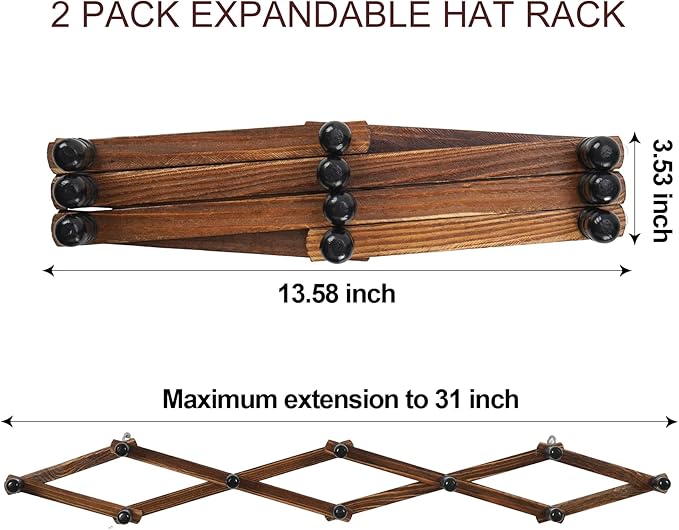 WGFKVAS 2 Pack Accordion Hat Rack for Wall - Expandable Coat Rack & Wall Mounted Hat Holder - Wooden Wall Hanger with 10 Peg Hooks for Coats, Baseball Caps, Keys & Mugs