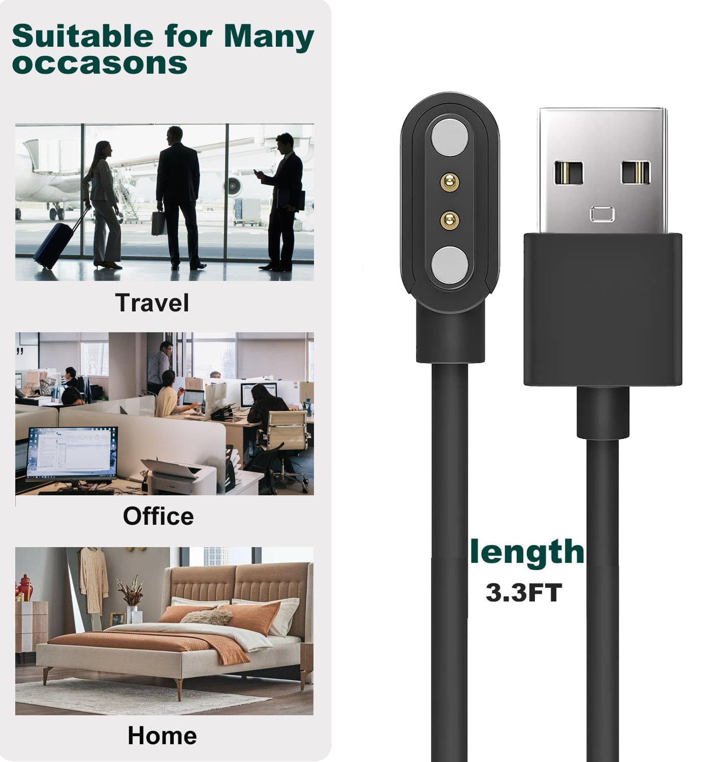 E ECSEM Black Charger for Military K22 K27 K28 Smartwatch Accessories, Magnetic Charging Cable Cord 3.3FT - 2Pack