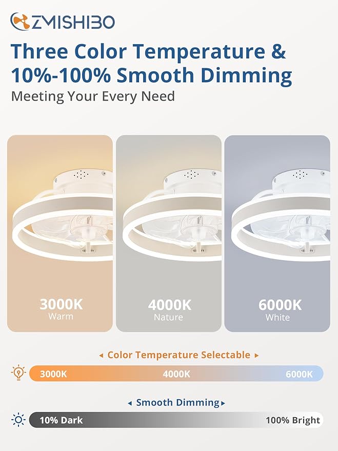 ZMISHIBO Low Profile Ceiling Fans with Lights and Remote, 13 Inch Fandelier Ceiling Fan with Light, White Modern Flush Mount Ceiling Fan, Small Dimmable LED Fan Lights for Bedroom