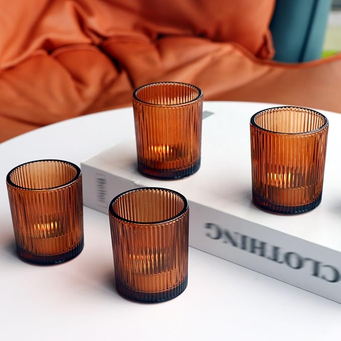 VOHO Amber Candle Holders for Votive Candles/Tea Lights Candles, Ribbed Votive Candle Holders for Table Centerpiece, 12pcs Tealight Candle Holder Decor for Thanksgiving & Christmas