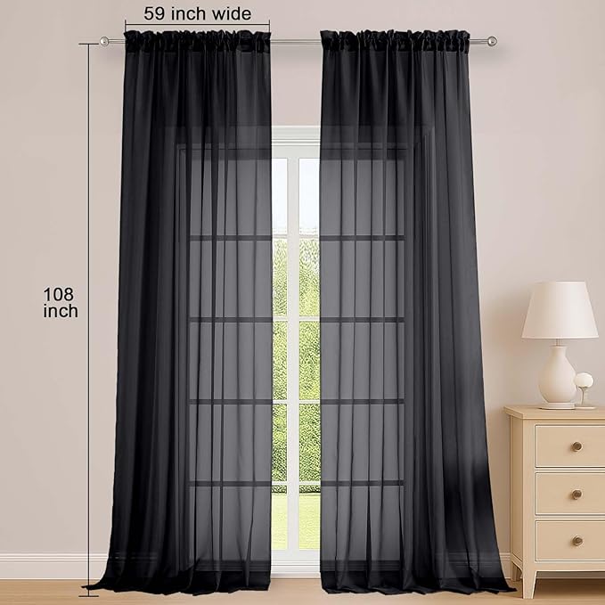 OWENIE Black Sheer Curtains 108 Inches Long for Living Room Bedroom 2 Panels Set, Lightweight Airy Black Sheer Curtain, Filmy Rod Pocket, 2 PCS, Each 59" W x 108" L