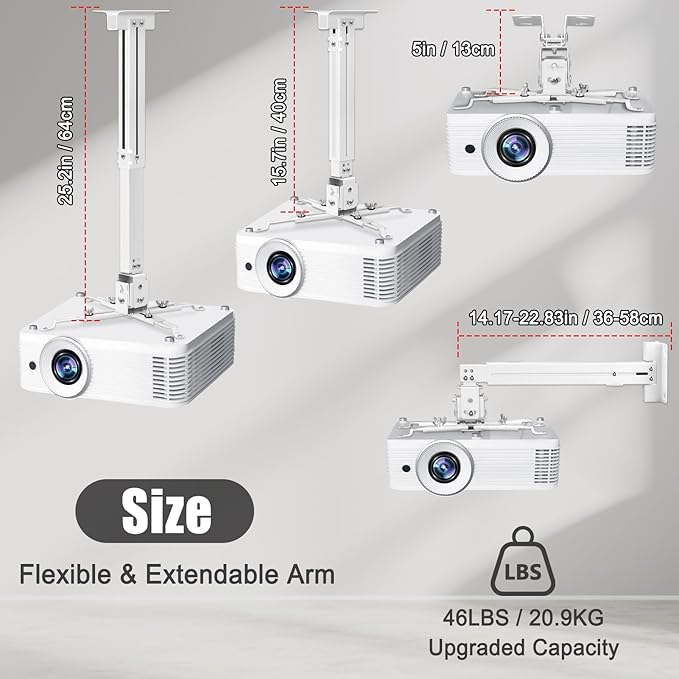 2-Be-Best Projector Ceiling Mount Wide Pipe Universal 3-in-1 Projector Wall Mount Bracket with Adjustable Arm, Flush Mount Option, Built-in Cable Management for Office Home White