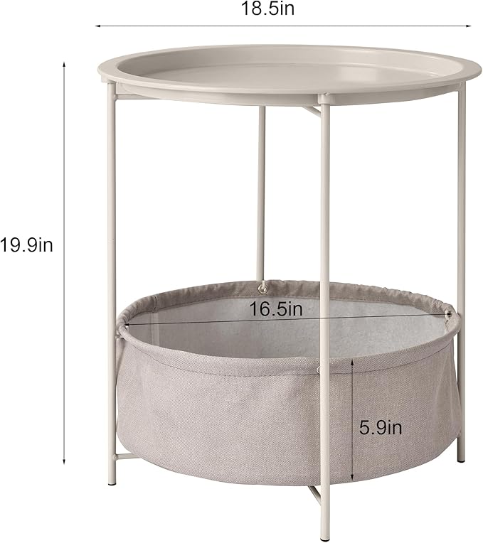 VECELO Round Side/End Table with Fabric Storage Basket，Metal Anti-Rust and Waterproof Small Bedside Nightstand with Removable Tray Top for Living Room，Balcony & Laundry，Grey /1pcs with Basket