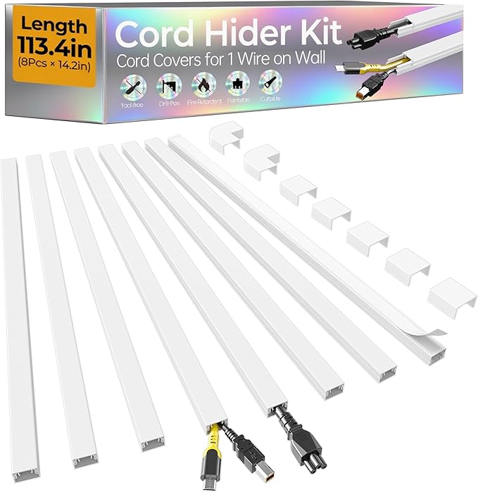 113.4in Cord Hider Kit, Cord Covers for 1 Wire on Wall, Self-Adhesive Cable Hider Wire Covers for Cords on Wall, Paintable Cord Hider for Walls Mount Tv, Cable Cover Raceway, W0.59 H0.4in, White