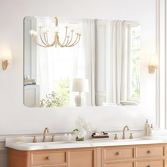 Frameless Bathroom Mirror for Over Sink,Wall Mounted Vanity Mirrors 16x24in,Rounded Rectangle Mirror Frameless with Polished Edge for Bedroom,Living Room,Entryway,Shatterproof (Horizontal/Vertical)