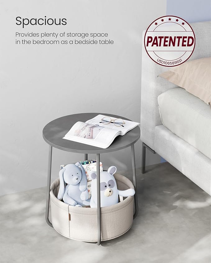 VASAGLE LILEA Collection - Small Round Side End Table, Modern Nightstand with Fabric Basket, Cement Gray and Cream White ULET223G49