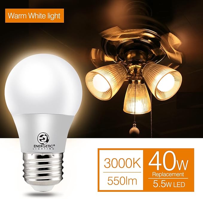 Energetic 5.5W A15 LED Refrigerator Bulb, 40 Watt Equivalent, 3000K Warm White, Dimmable A15 Ceiling Fan Light Bulbs, E26 Base, 2 Pack