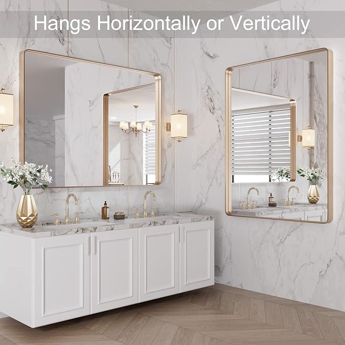 LOAAO 40”X30” Gold Bathroom Mirror, Rounded Rectangle Gold Frame Mirror, Brushed Gold Bathroom Vanity Mirror Wall-Mounted, Anti-Rust, Tempered Glass, Hangs Horizontally or Vertically