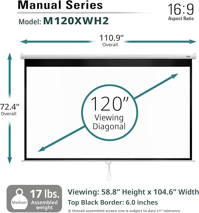 Elite Screens Manual Series, 120-INCH 16:9, Pull Down Manual Projector Screen with AUTO LOCK, Movie Home Theater 8K / 4K Ultra HD 3D Ready, 2-YEAR WARRANTY, M120XWH2