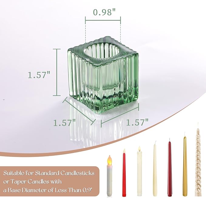 LETINE 12pcs Green Cube Taper Candle Holders - Ideal Candle Stick Holder Decor for Modern Wedding Table Centerpieces & Holiday Decor, Elegant Candlestick Set for Home Ambiance