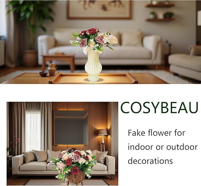 Artificial Fake Flowers 26pcs Roses, Mixed White & Burgundy Faux Flower for DIY Wedding Bouquet Bridal Shower Centerpieces Floral Arrangements Party Table Home Decorations