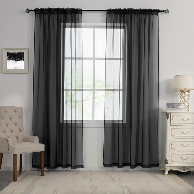 HUTO Black Sheer Curtains 96 Inches Long for Living Room Rod Pocket Voile Window Drapes for Bedroom,2 Panels