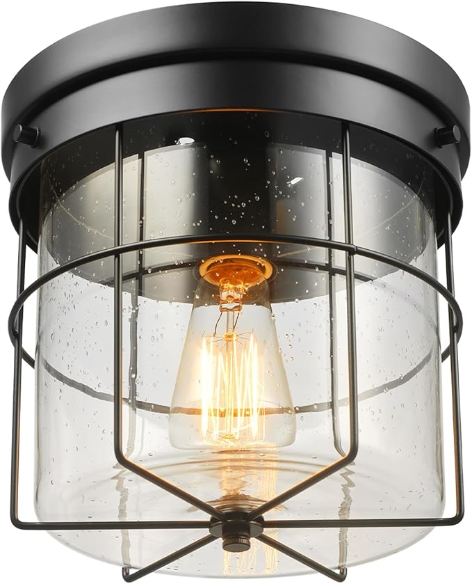 GLOBE Electric 60000162 1-Light Outdoor Flush Mount, Matte Black, Seeded Glass Shade, Thin Frame