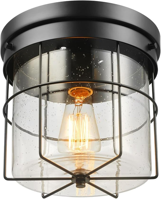 GLOBE Electric 60000162 1-Light Outdoor Flush Mount, Matte Black, Seeded Glass Shade, Thin Frame