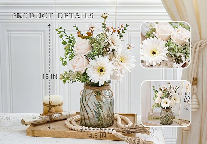 Fake Flowers Artificial Daisy Rose with Vase, Faux Silk Flowers Fake Plant Decor for Home Office, Kitchen Dining Table Centerpiece, Bathroom Shelf Decor