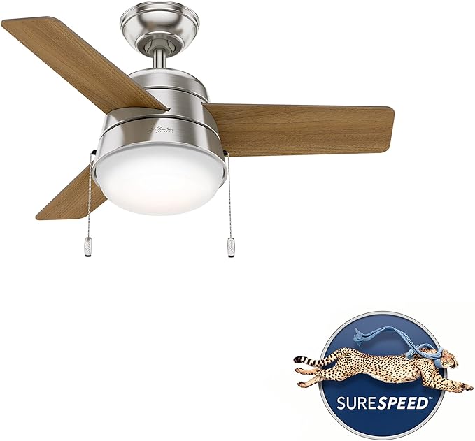 Hunter 36 inch Small Indoor Ceiling Fan with LED Light and Pull Chain - Modern Ceiling Fan, Standard Mount, 3 Blades, For Bedroom, Home Office, or Laundry Room, Quiet - Aker 59303, Brushed Nickel