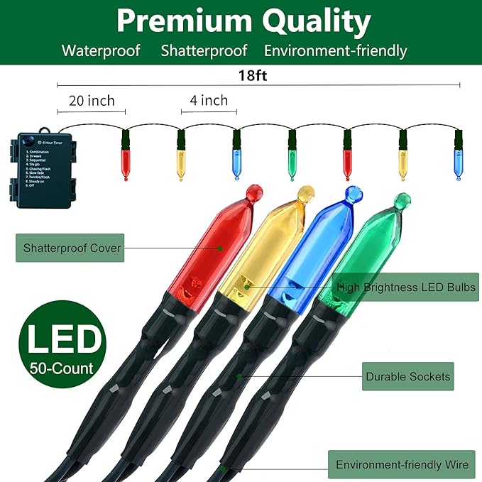 Christmas Lights - Battery Operated String Lights 50 LED Mini Lights 8 Modes Green Wire Mini Light Set with Timer for Christmas Tree Wreath Party Wedding Indoor Outdoor Decor, Waterproof, Multicolor