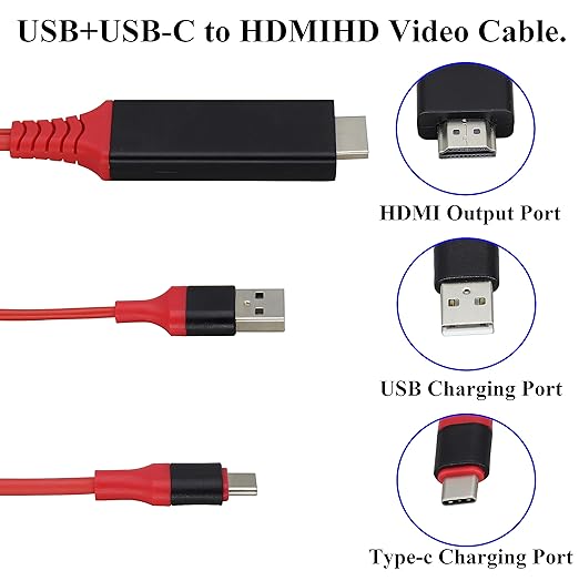 zdyCGTime Phone and Tablet 1080P HDTV Mirroring Cable 2 in 1, HD HDMI Male to 2 USB A Female/Male Cable,1080P/60HZ HDMI HDTV Cable, Used in HDTV, Projector, Monitor, etc (Type-C, Red)