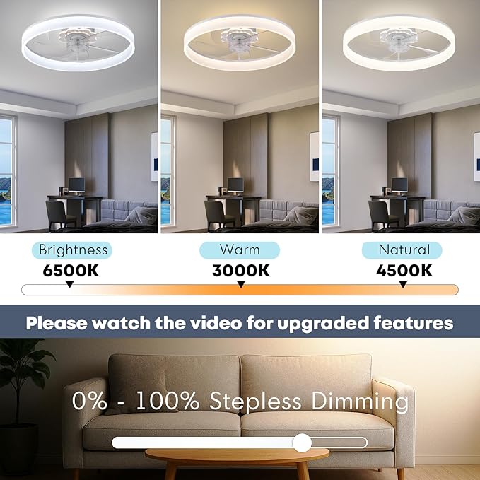 20'' Ceiling Fan with Light, Upgraded Low Profile Fan, Flush Mount Ceiling Fan, 6 Speeds, Dimmable LED, App & Remote Control, Quiet DC Motor, for Bedroom, Living Room, F116 White