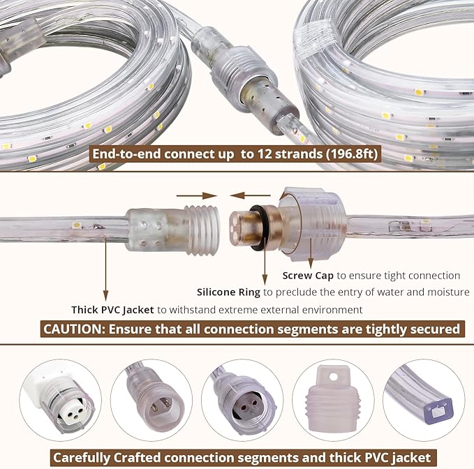 LED Rope Lights, 16.4 Feet Daylight Flat Flexible Strip Light, Plug in Novelty Lighting, Connectable and Waterproof for Home Christmas Holiday Garden Patio Party Decoration