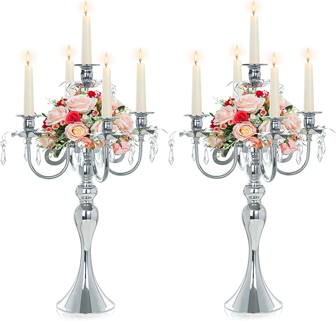 2 Pcs 20.3'' Tall 5 Arm Silver Candelabra Centerpiece for Table, Metal Crdystal Candle Holder, Retro Candlestick Table Centerpieces for Party, Events, Home, Wedding Decor (2, Silver)