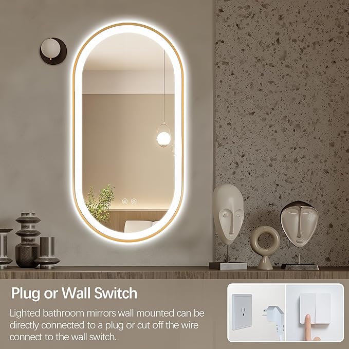 Niccy Oval LED Mirror for Bathroom, 48x24 Front Lit + Backlit Vanity Mirror with Light Anti-Fog, Shatter-Proof, 3 Colors, Makeup Mirrors with Gold Frame (Horizontal/Vertical)