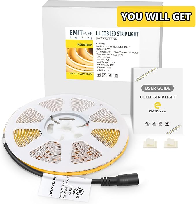 EMITEVER COB LED Strip Lights Warm White, 24V 2700K Tape Light Premium High Density 25ft, 300+Lumens/ft, 3600LEDs/Spool, Ra 90+, 3W/ft, UL Listed 5 Year Warranty (Power Supply Sold Separately)