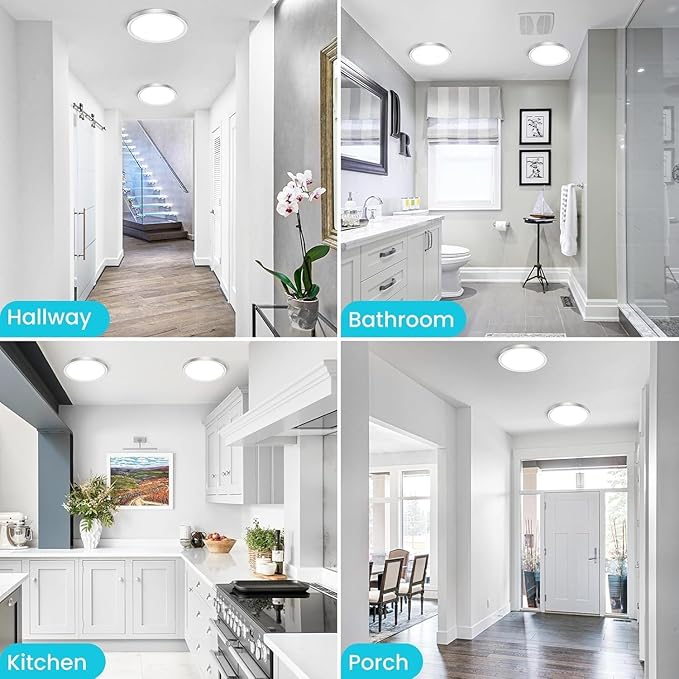 zemty 6Pack LED Ceiling Light Fixture, 6.5-Inch 12W 1200lm Small Flush Mount Light, Adjustable 3000K 4000K 6500K Color Temperatures, Round Flat Recessed Lamp for Kitchen Closet Hallway Laundry, Nickel