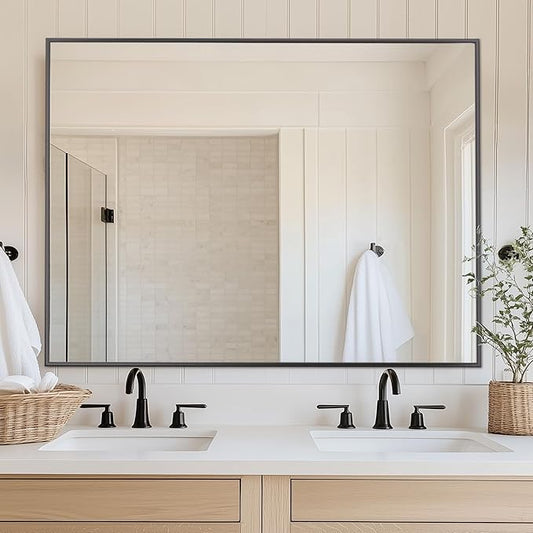 Antok Bathroom Mirror,48"x36" Wall Mirror, Decorative Mirrors Vanity Mirror Aluminum Alloy Frame Contemporary Hanging Mirror for Living Room Bathroom Entryway,Black,Round Corner
