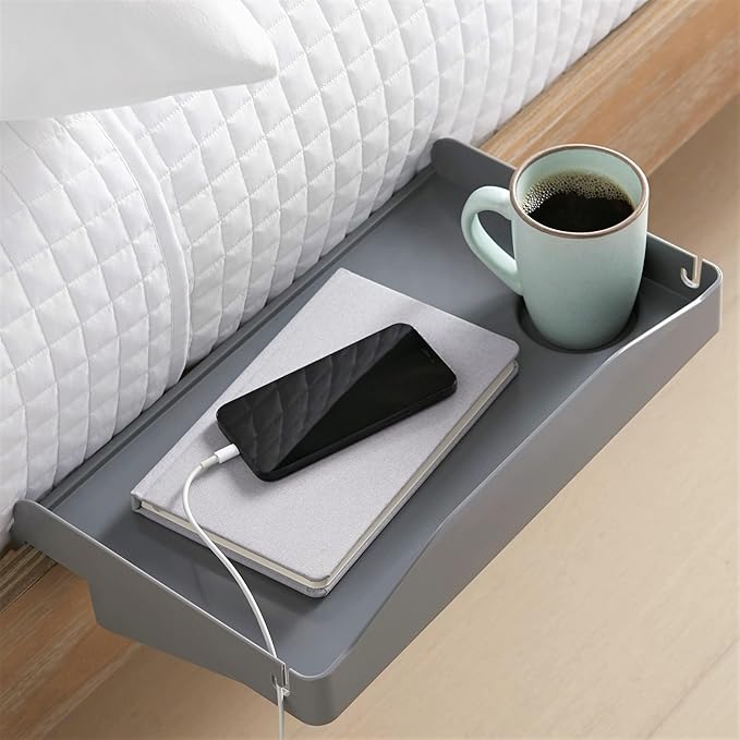 Modern Innovations Bedside Shelf for Bed, College Dorm Room, Bunk Bed Shelf for Top Bunk, Clip On Nightstand Tray with Cord and Cup Holder, Bunkbed Caddy for Table Storage (Dark Gray)