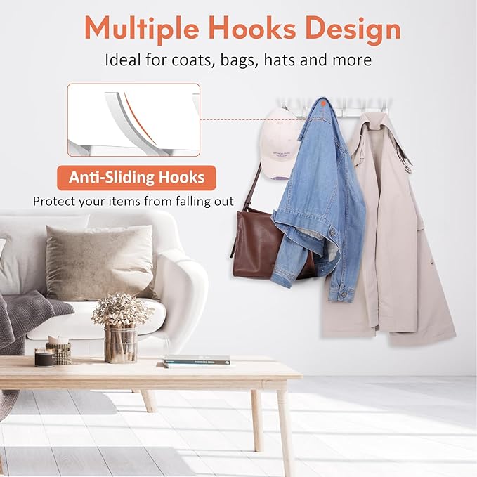 Coat Rack Wall Mount, Coat Hook Wall Mount, Wall Hooks for Hanging, Hat Rack for Walls, Coats Hanger with 12 Hook, Towel Hooks for Bathrooms (2 Pack, Silver)