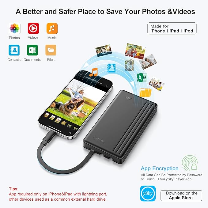 ySky MFi Certified 1TB Portable External Hard Drive for iPhone iPad MacBook Windows Computer USB C Android Phones to Backup,1TB Photo Stick for iPhone17/16/15/14/13((auto Backup)
