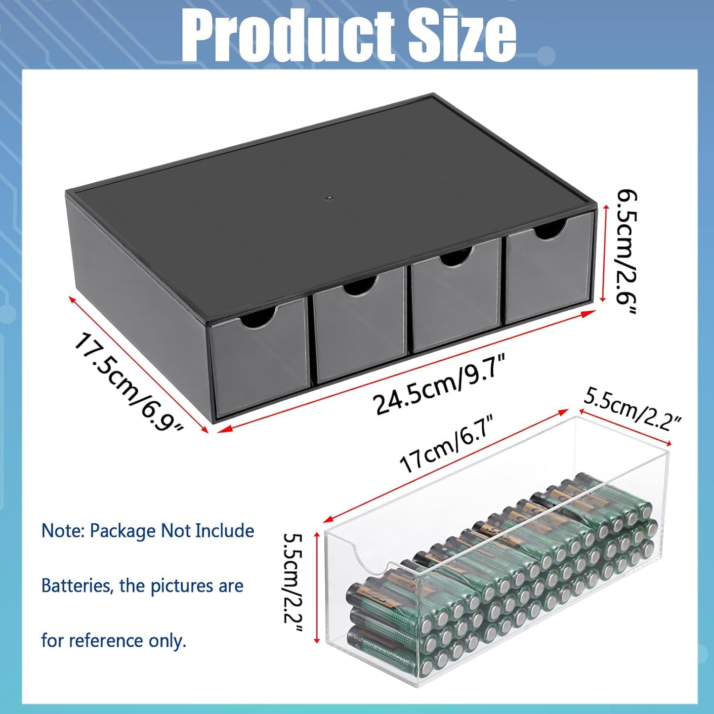 1 Pack 9V, 4-Drawer Common BTSKY Black Acrylic Battery Storage Organizer for AA, AAA, C Batteries, Storage Box Battery