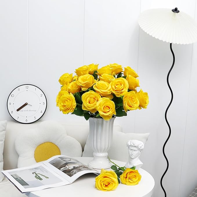 Ouddy Decor 20 Pcs Fake Yellow Roses Artificial Silk Flowers with Long Stems for Valentines Day Decor Wedding Home Party Table Centerpieces Bridal Bouquet DIY Floral Arrangment
