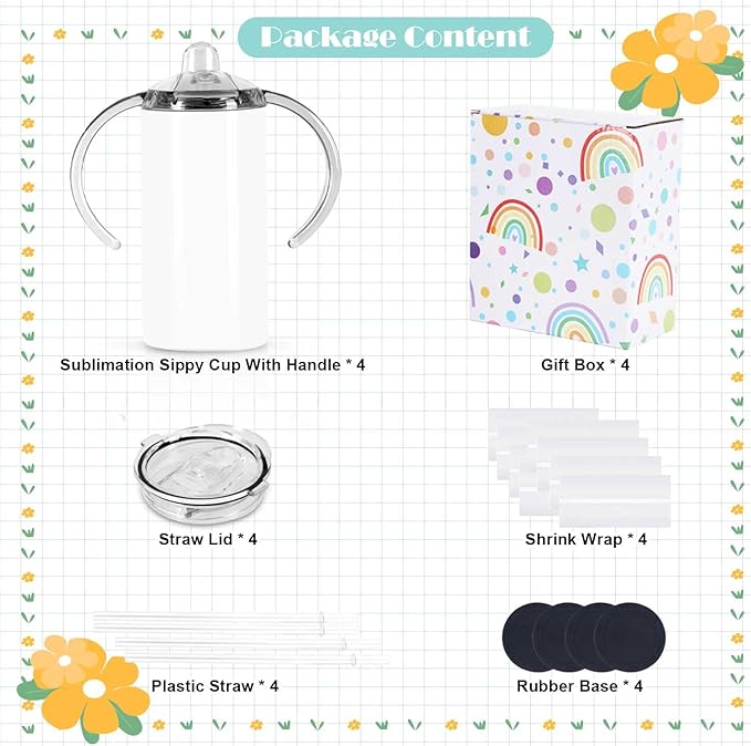 12 Oz Sublimation Sippy Cup 4 Pack, Kids Sublimation Sippy Tumblers, Stainless Steel Sublimation Todder Water Bottle