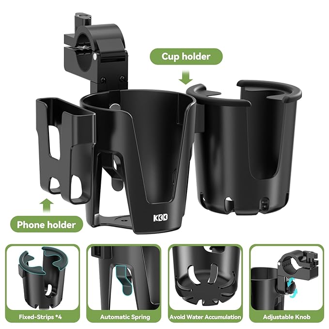 KDD Stroller Cup Holder with Phone Holder, 3-in-1 Removable Bottle Holder, 360 Degrees Rotation Drink Holder for Wheelchair, Stroller, Bike, Walker, Scooter, Bicycle, Uppababy, Bugaboo, Britax