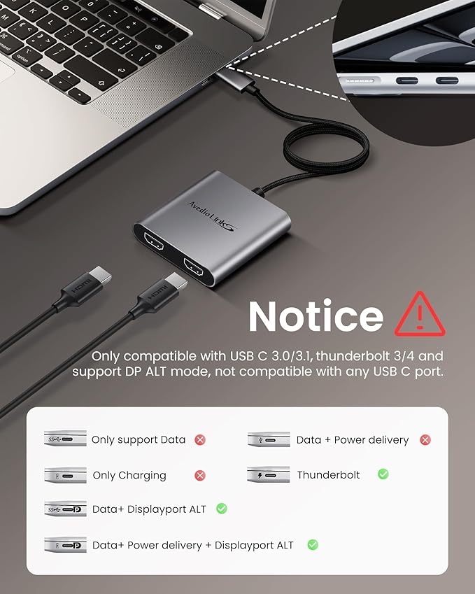 avedio links USB C to Dual HDMI Adapter 4K@60HZ, Type C to HDMI Splitter for Dual Monitors Extended Display,Compatible for USB C 3.0/3.1,Thunderbolt 3,Support Dual 4K 30Hz【MST Mode Only for Windows】
